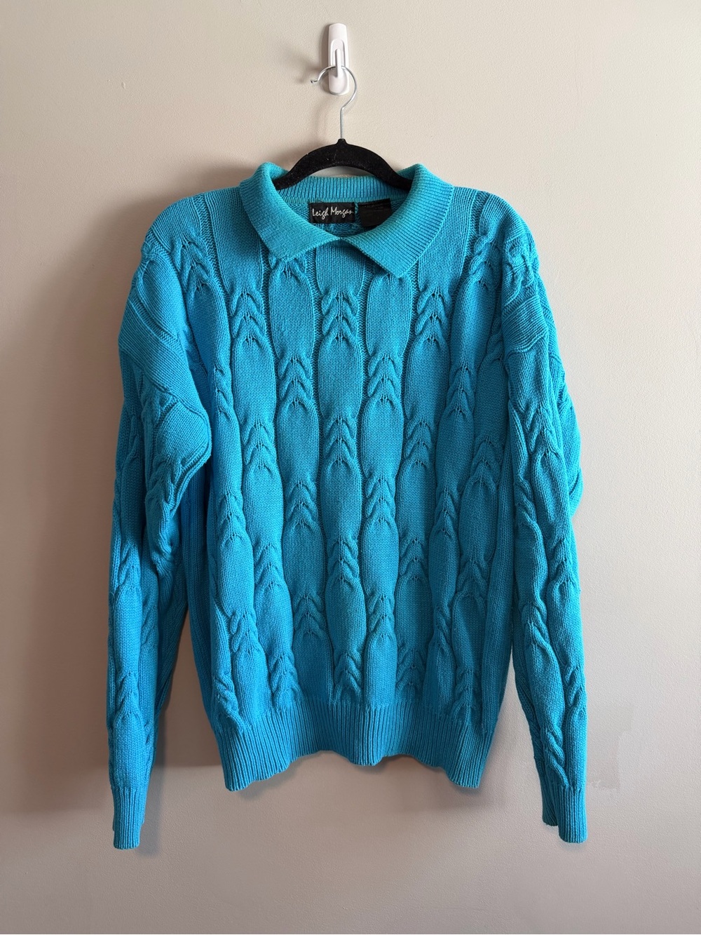 Vintage Leigh Morgan Cable Knit Collared Sweater Blue Women’s Slouchy 90s